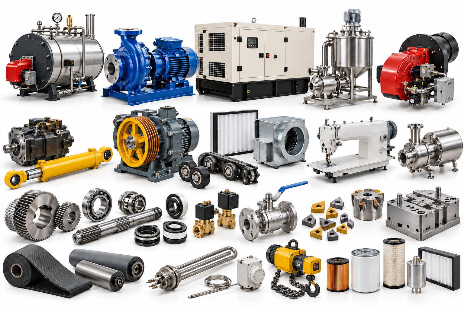 Industrial machinery spare parts including pumps, burners, filters, gears and lifting components